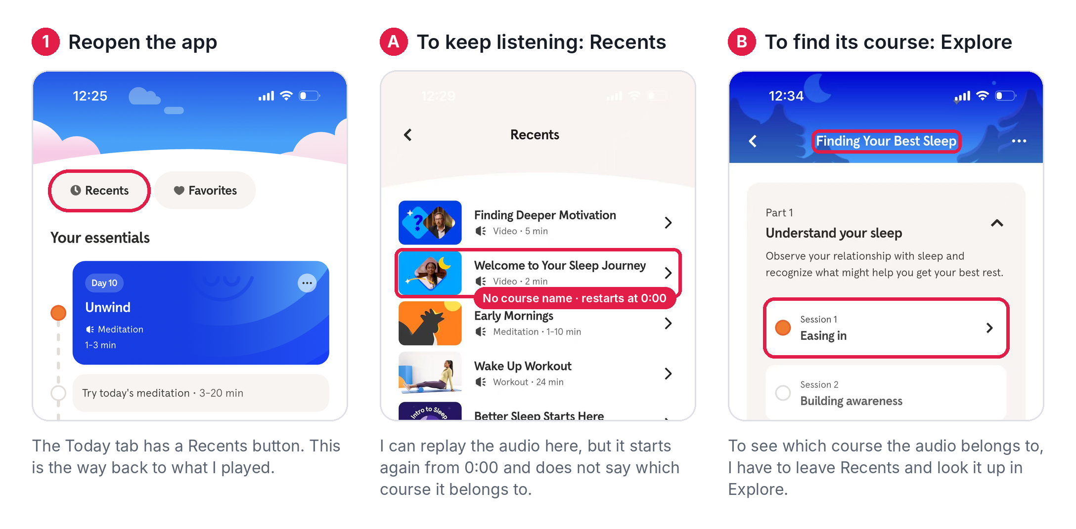 Current Headspace journey: reopen, Recents, and course discovery in Explore