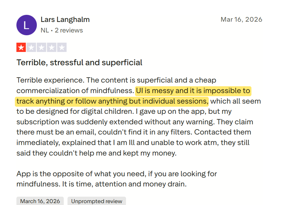 Trustpilot member review with navigation and progress concerns highlighted