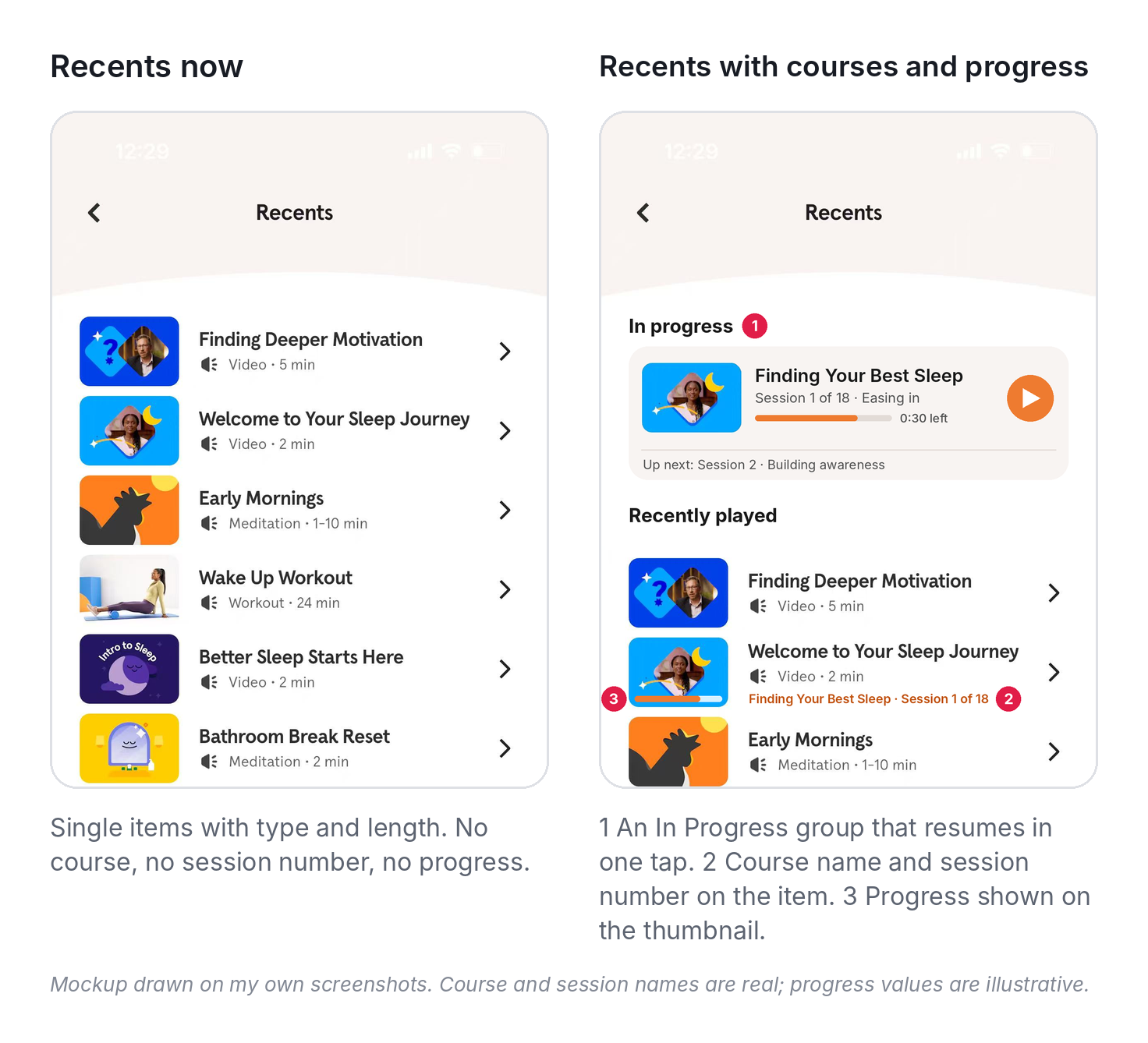Proposal two: Recents before and after adding course context and progress